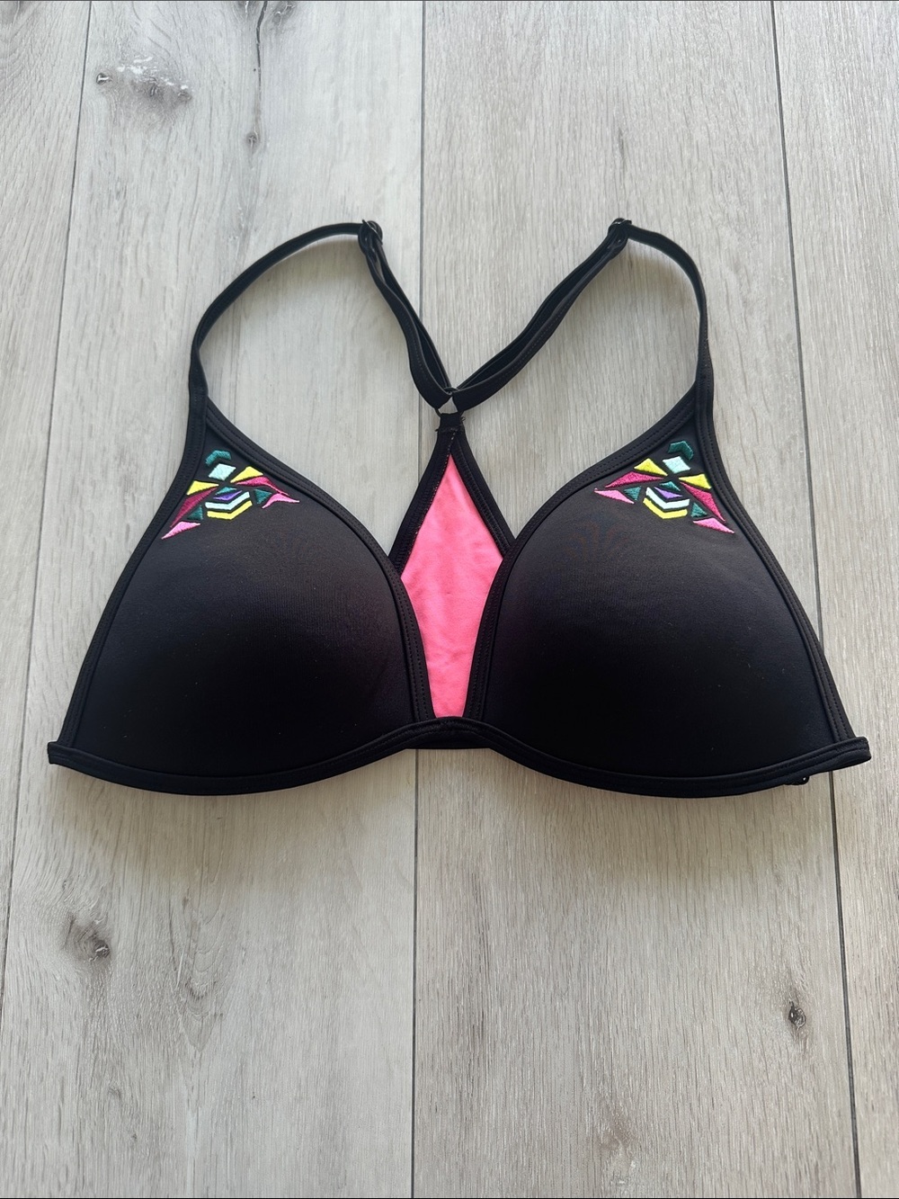 PINK Victorias Secret Embroidered Triangle Bikini Top Black M NWOT